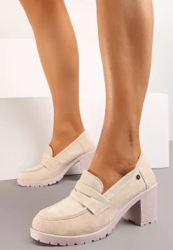 Beżowe Półbuty Mokasyny z Ekozamszu na Słupku i Platformie Andarco