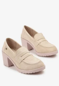 Beżowe Półbuty Mokasyny z Ekozamszu na Słupku i Platformie Andarco