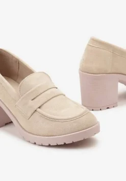 Beżowe Półbuty Mokasyny z Ekozamszu na Słupku i Platformie Andarco