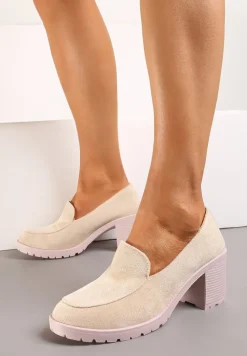 Beżowe Półbuty Mokasyny z Imitacji Zamszu na Słupku z Niską Platformą Lndine
