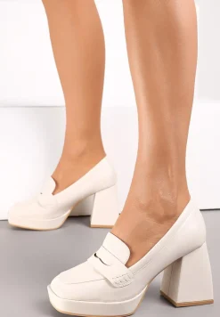 Beżowe Półbuty na Geometrycznym Słupku z Kwadratowym Noskiem Lanea