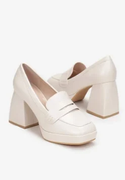 Beżowe Półbuty na Geometrycznym Słupku z Kwadratowym Noskiem Lanea