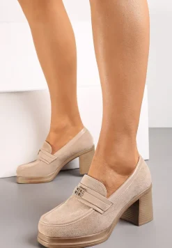 Beżowe Półbuty na Grubym Słupku z Paskiem z Klamerką Celuri