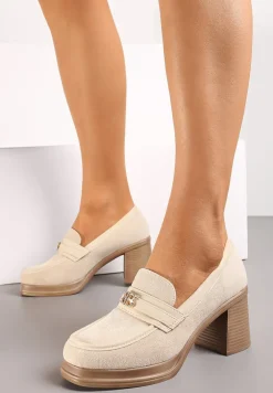 Beżowe Półbuty na Grubym Słupku z Paskiem z Klamerką Celuria