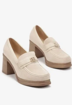 Beżowe Półbuty na Grubym Słupku z Paskiem z Klamerką Celuria