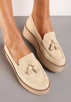 Beżowe Półbuty na Niskiej Platformie z Przeszyciami i Ozdobnymi Chwostami Hiela