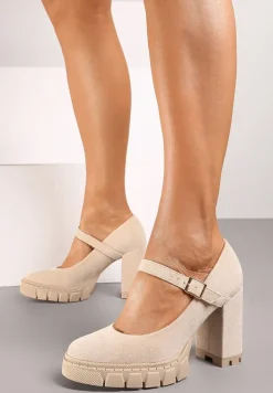 Beżowe Półbuty na Obcasie Typu Słupek z Grubą Podeszwą i Zapięciem na Klamerkę Riandora