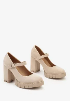 Beżowe Półbuty na Obcasie Typu Słupek z Grubą Podeszwą i Zapięciem na Klamerkę Riandora