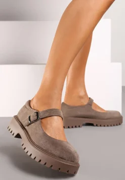 Beżowe Półbuty na Płaskiej Podeszwie Mary Jane ze Skórzaną Wkładką Isolantha