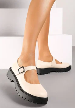 Beżowe Półbuty na Płaskiej Podeszwie Mary Jane Wykończone Ozdobnym Paskiem Iveina