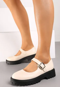 Beżowe Półbuty na Płaskiej Podeszwie Mary Jane Wykończone Ozdobnym Paskiem Iveina