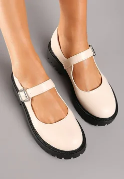 Beżowe Półbuty na Płaskiej Podeszwie Mary Jane Wykończone Ozdobnym Paskiem Iveina