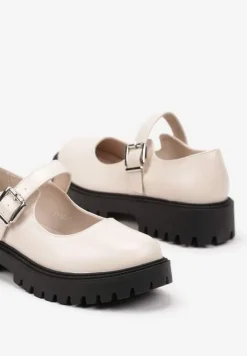 Beżowe Półbuty na Płaskiej Podeszwie Mary Jane Wykończone Ozdobnym Paskiem Iveina