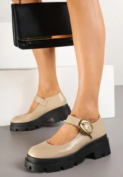 Beżowe Półbuty na Platformie w Stylu Mary Jane Ozdobione Metaliczną Sprzączką Zinida