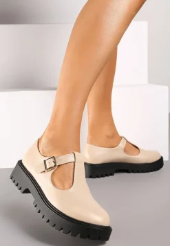 Beżowe Półbuty na Platformie Wykończone Sprzączką Berilora