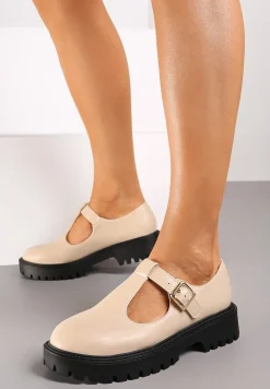 Beżowe Półbuty na Platformie Wykończone Sprzączką Berilora