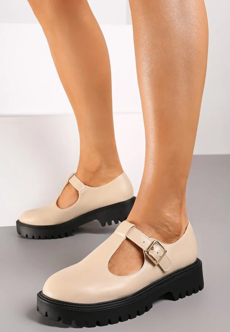 Beżowe Półbuty na Platformie Wykończone Sprzączką Berilora
