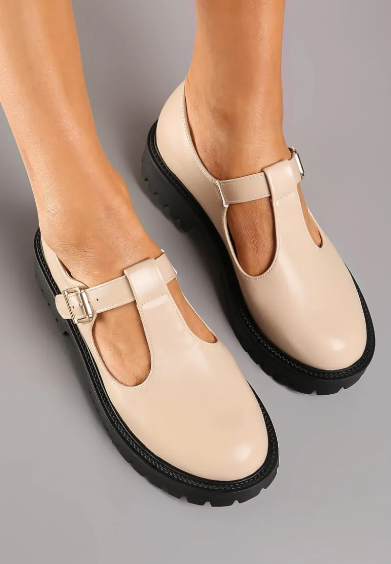 Beżowe Półbuty na Platformie Wykończone Sprzączką Berilora