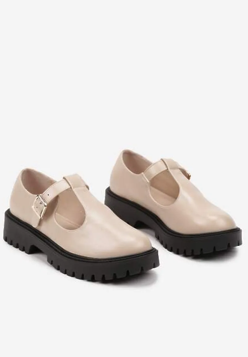 Beżowe Półbuty na Platformie Wykończone Sprzączką Berilora