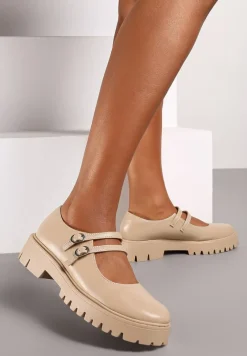 Beżowe Półbuty na Platformie z Ozdobnymi Paskami na Klamerki Mevanth