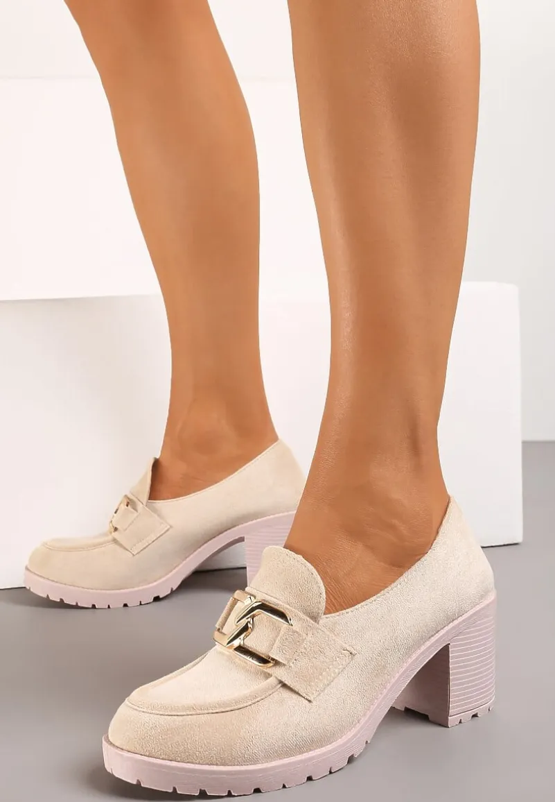 Beżowe Półbuty na Słupku Ozdobione Klamerką Nicarda