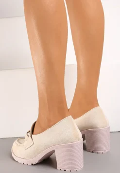 Beżowe Półbuty na Słupku Ozdobione Klamerką Nicarda