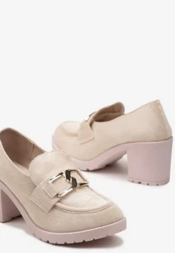 Beżowe Półbuty na Słupku Ozdobione Klamerką Nicarda