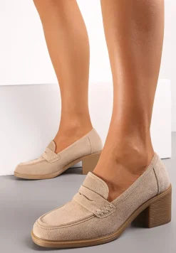 Beżowe Półbuty na Słupku z Kwadratowym Noskiem Teiga