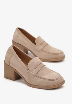 Beżowe Półbuty na Słupku z Kwadratowym Noskiem Teiga