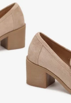 Beżowe Półbuty na Słupku z Kwadratowym Noskiem Teiga
