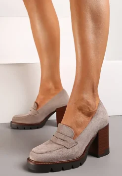 Beżowe Półbuty na Słupku z Platformą z Imitacji Zamszu ze Skórzaną Wkładką Ileriaa