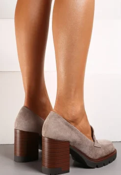 Beżowe Półbuty na Słupku z Platformą z Imitacji Zamszu ze Skórzaną Wkładką Ileriaa