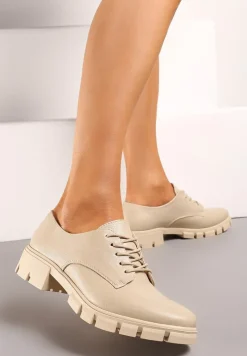 Beżowe Półbuty Oksfordki ze Skórzaną Wkładką i Ozdobną Podeszwą Obira