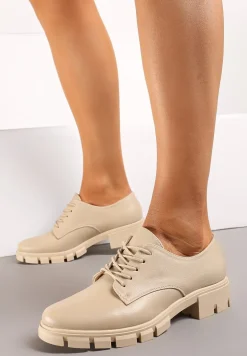 Beżowe Półbuty Oksfordki ze Skórzaną Wkładką i Ozdobną Podeszwą Obira