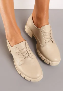 Beżowe Półbuty Oksfordki ze Skórzaną Wkładką i Ozdobną Podeszwą Obira