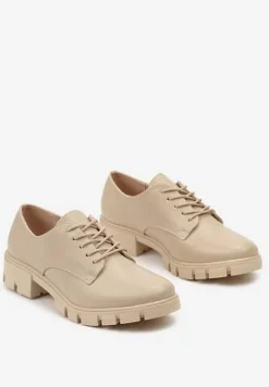 Beżowe Półbuty Oksfordki ze Skórzaną Wkładką i Ozdobną Podeszwą Obira