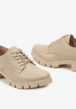 Beżowe Półbuty Oksfordki ze Skórzaną Wkładką i Ozdobną Podeszwą Obira