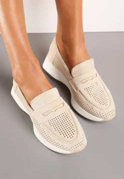 Beżowe Półbuty Ozdobione Perforacją na Grubej Podeszwie Liraleisa
