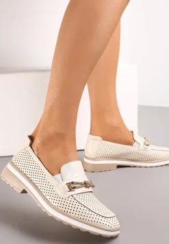 Beżowe Półbuty przed Kostkę z Perforacją i Wkładką ze Skóry Naturalnej Meralith