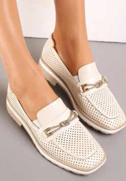 Beżowe Półbuty przed Kostkę z Perforacją i Wkładką ze Skóry Naturalnej Meralith