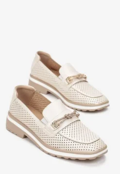 Beżowe Półbuty przed Kostkę z Perforacją i Wkładką ze Skóry Naturalnej Meralith