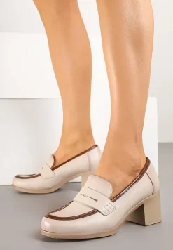 Beżowe Półbuty Typu Loafersy na Słupku ze Skórzaną Wkładką Meviquea