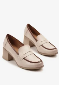 Beżowe Półbuty Typu Loafersy na Słupku ze Skórzaną Wkładką Meviquea