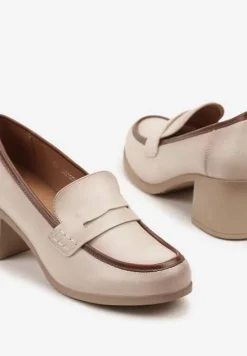Beżowe Półbuty Typu Loafersy na Słupku ze Skórzaną Wkładką Meviquea
