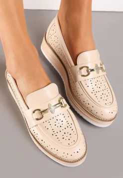 Beżowe Półbuty w Stylu Mokasynów na Grubej Podeszwie z Ażurową Cholewką Illthia