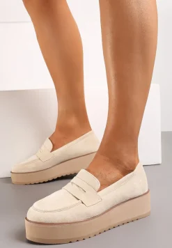 Beżowe Półbuty w Stylu Mokasynów z Imitacji Zamszu na Platformie Vhisper