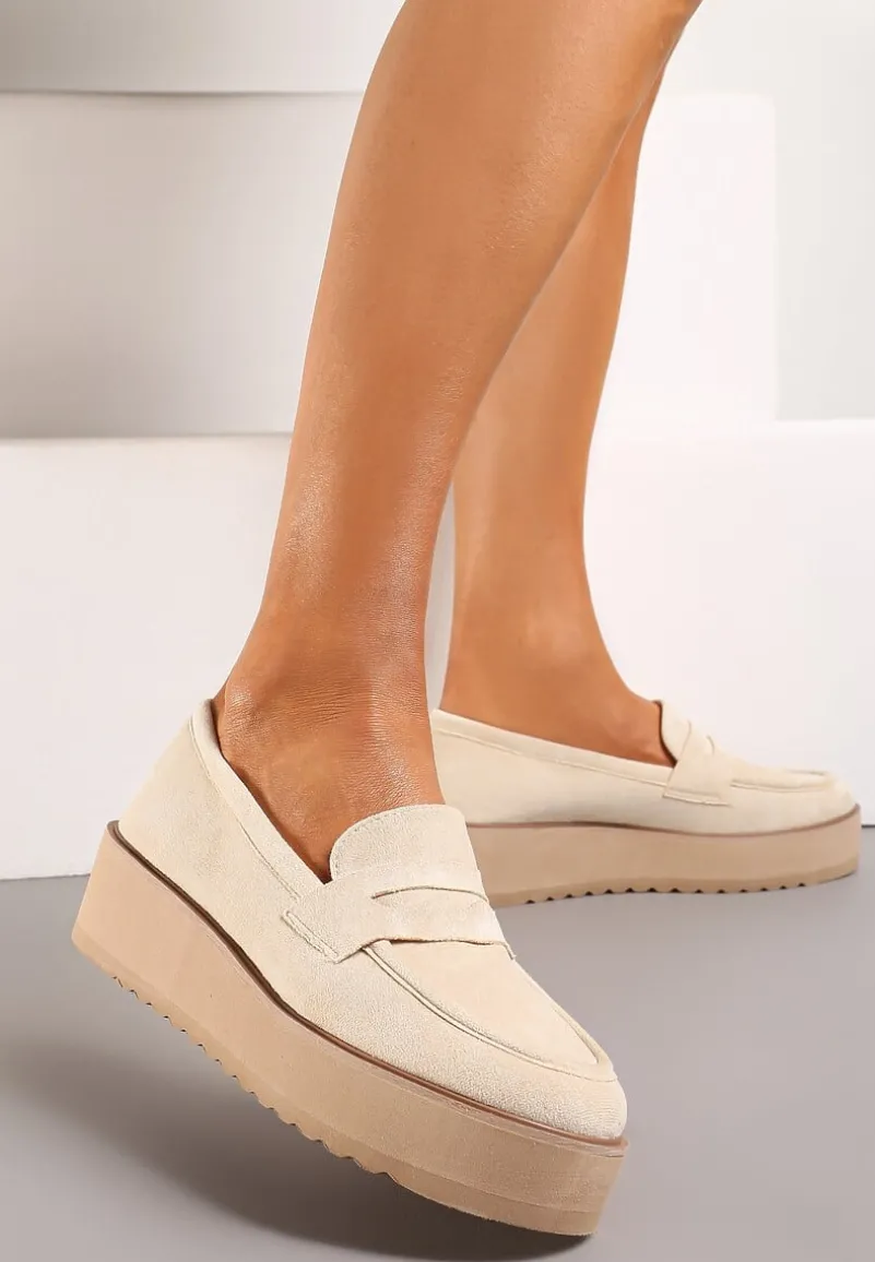 Beżowe Półbuty w Stylu Mokasynów z Imitacji Zamszu na Platformie Vhisper