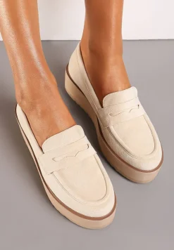 Beżowe Półbuty w Stylu Mokasynów z Imitacji Zamszu na Platformie Vhisper
