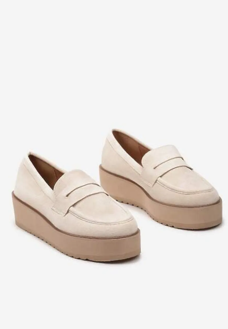 Beżowe Półbuty w Stylu Mokasynów z Imitacji Zamszu na Platformie Vhisper