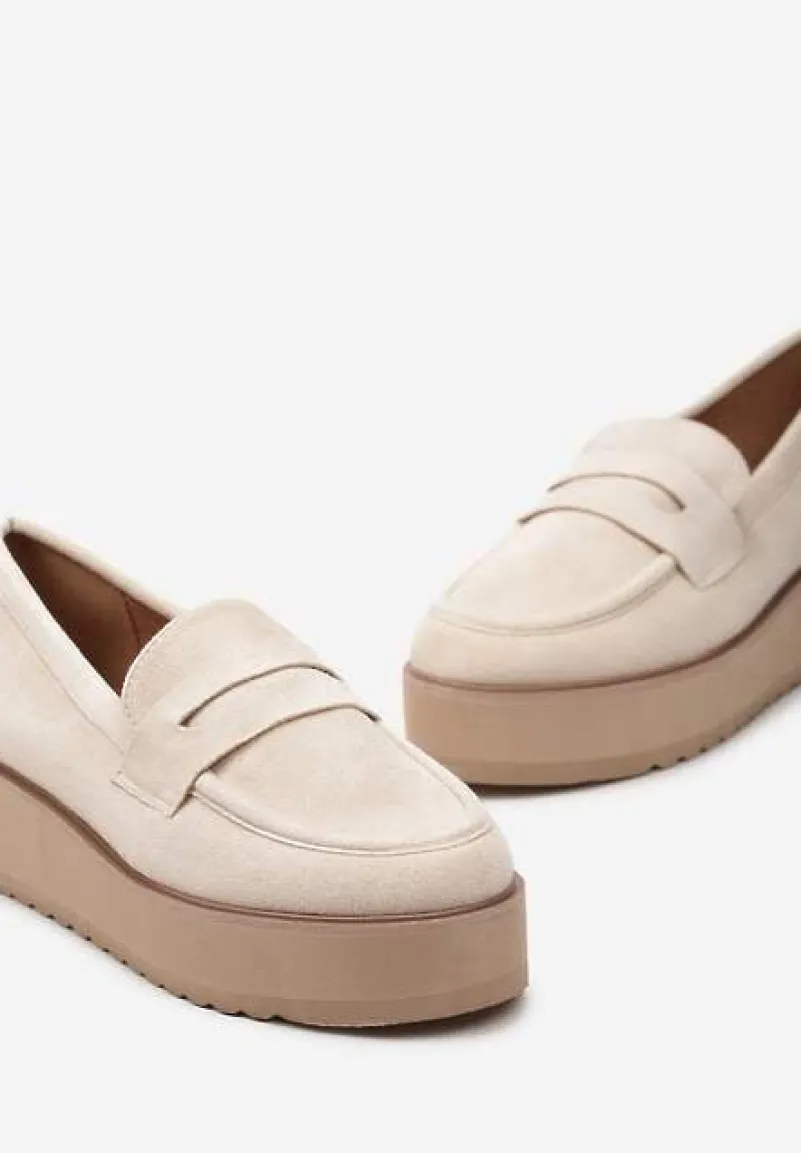 Beżowe Półbuty w Stylu Mokasynów z Imitacji Zamszu na Platformie Vhisper